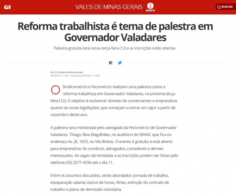 Reforma Trabalhista é tema de palestra em Governador Valadares