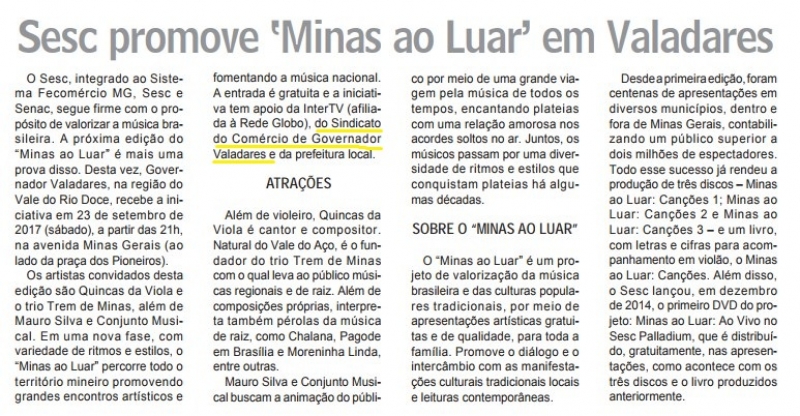 Sesc promove 'Minas ao Luar' em Valadares